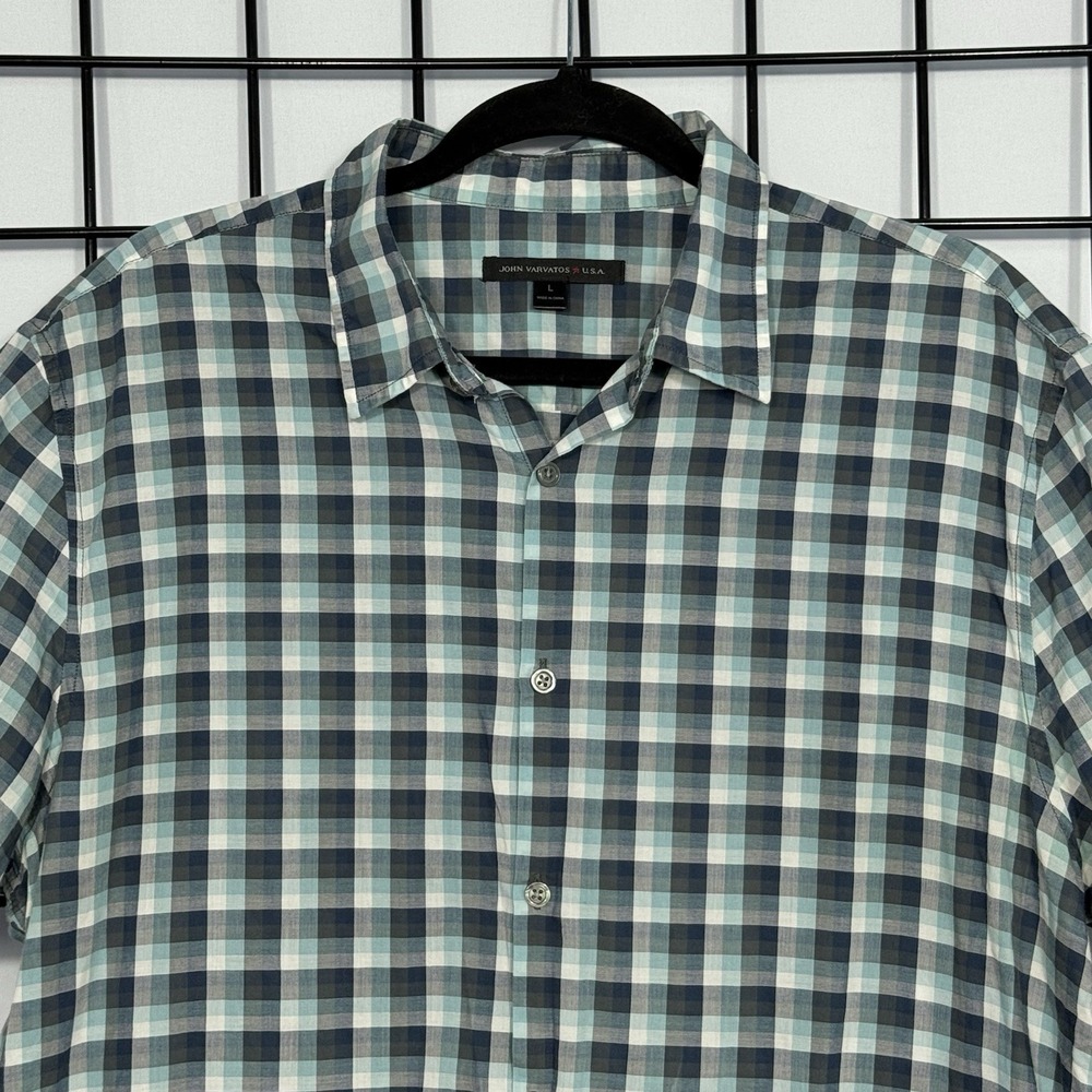John Varvatos USA Plaid Button Up Shirt Mens L Green Blue Preppy Casual‎ Summer